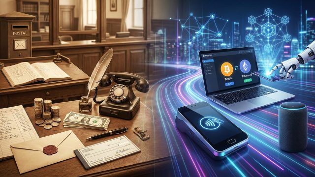 A split-screen illustration contrasting antique communication and financial tools on the left with modern digital technologies on the right. The left side features an antique wooden desk with a rotary telephone, quill pen, inkwell, stack of cash, coins, old ledger, checks, and a wooden postal box against a traditional office background. The right side depicts a futuristic scene with blue and purple light trails, a laptop showing a cryptocurrency exchange (Bitcoin, Ethereum), a robot arm holding a smartphone over a contactless payment terminal, a smart speaker, and a holographic network of connected nodes in a digital cityscape.