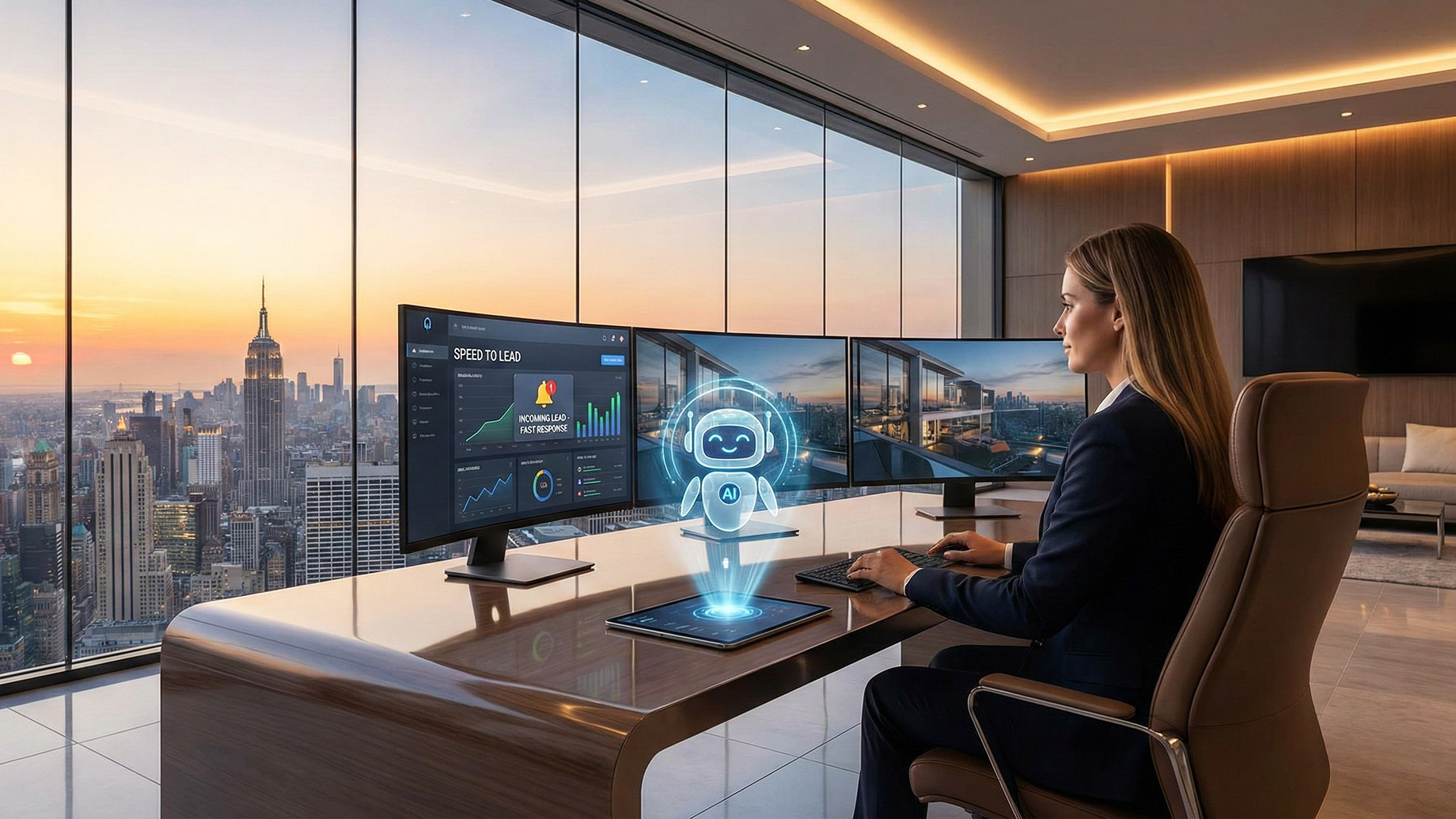 A real estate professional in a luxury high-rise office with a panoramic city view at sunset, utilizing a multiple-monitor setup displaying a "Speed to Lead" dashboard and a holographic AI assistant, illustrating the integration of advanced technology for faster client response times.