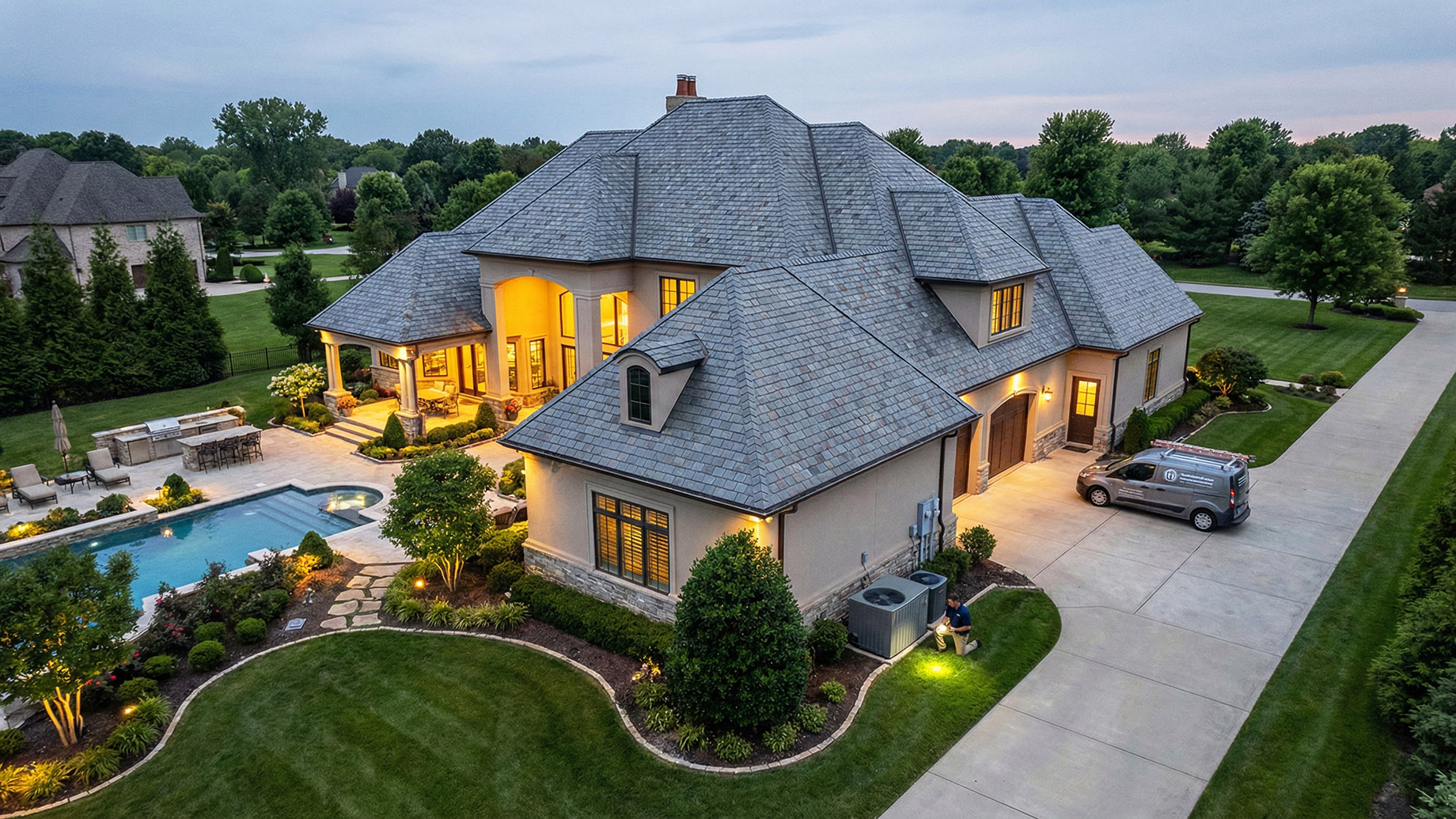 An aerial view at dusk shows a large, illuminated luxury residence with a swimming pool and manicured grounds. A service van is parked in the driveway, and a technician with a flashlight is kneeling beside two outdoor HVAC units, performing maintenance.