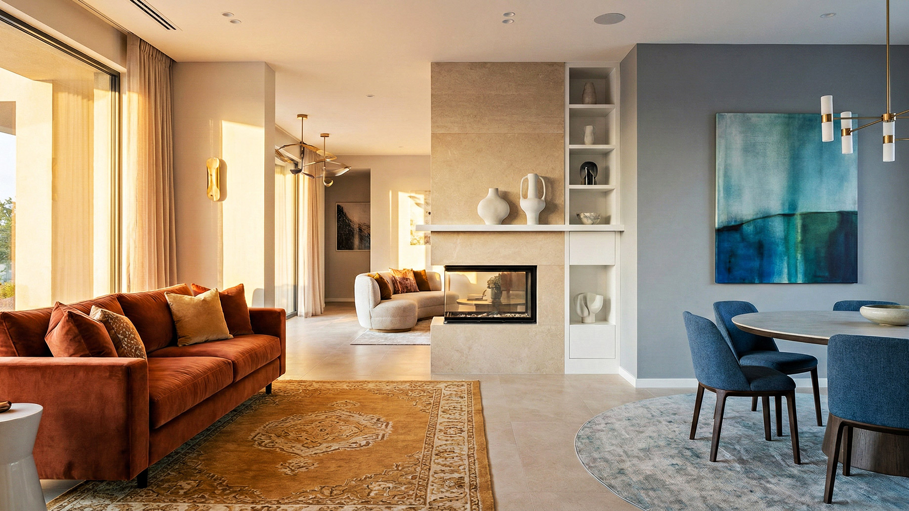 A wide-angle shot of a modern luxury living space demonstrating color psychology, featuring a warm living area with a terracotta velvet sofa and golden rug adjacent to a cool dining zone with blue upholstered chairs and abstract teal artwork, all balanced by neutral beige walls and natural light.