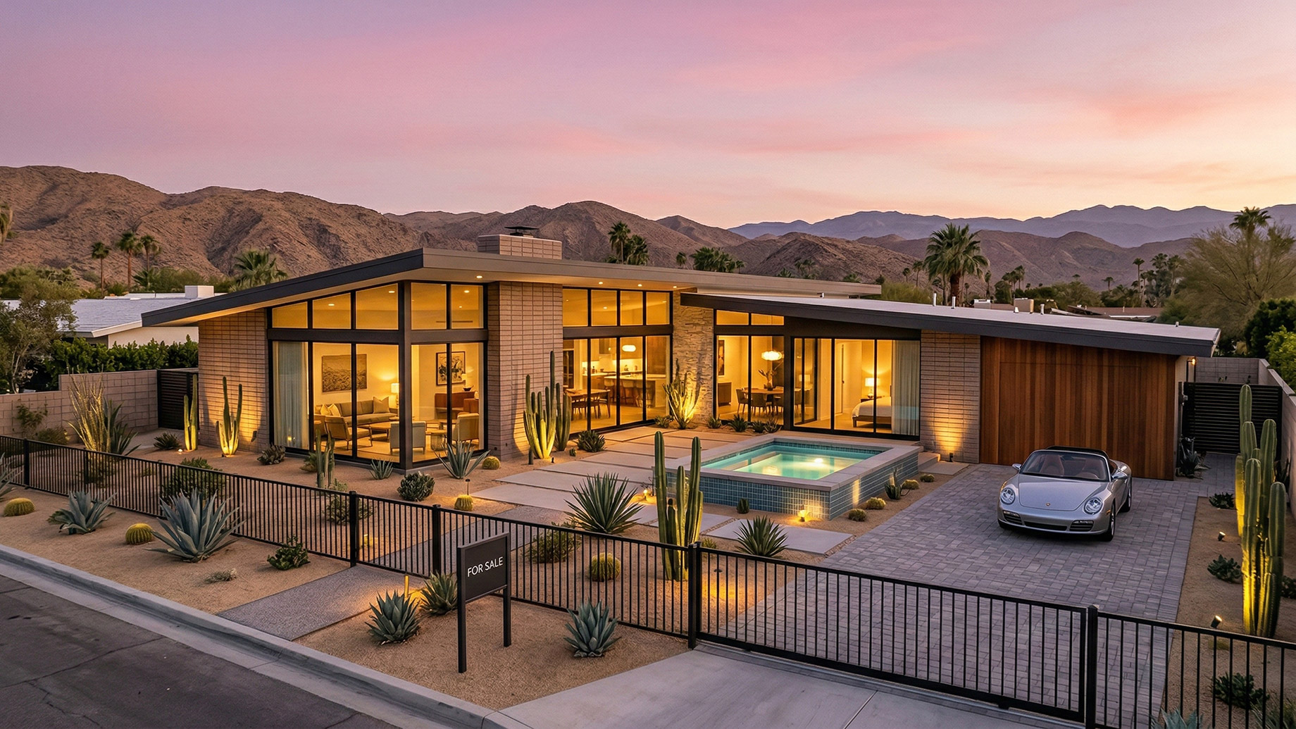 A beautiful, move-in ready luxury bungalow in a desert setting at twilight. The home features modern architecture, glowing interior lights, flawless desert landscaping, and a 'For Sale' sign ready for the real estate market.