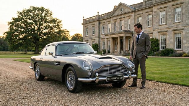 A well-dressed man in a suit stands next to a grey vintage Aston Martin DB5 on a gravel driveway at sunset. The car has a custom license plate that reads "THE PINNACLE LIST". In the background, there is a large, historic stone manor house and a mature tree on a green lawn.
