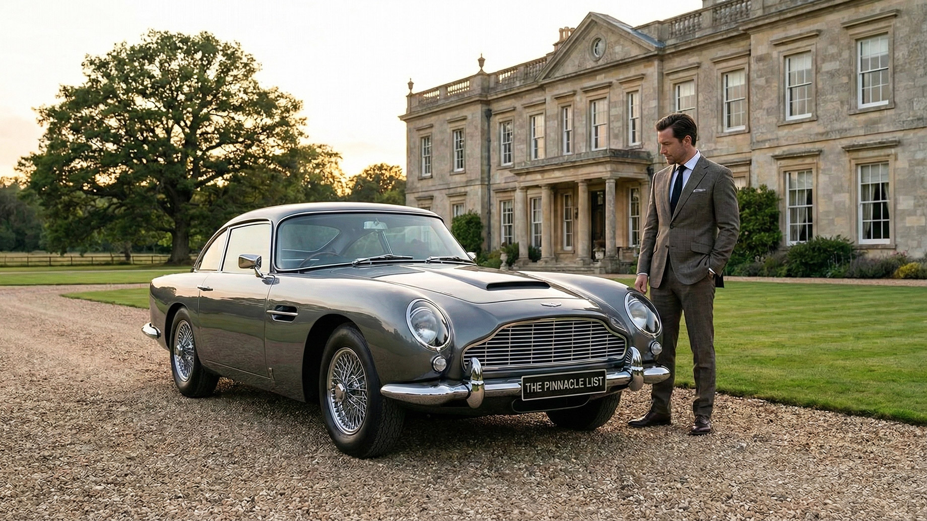 A well-dressed man in a suit stands next to a grey vintage Aston Martin DB5 on a gravel driveway at sunset. The car has a custom license plate that reads "THE PINNACLE LIST". In the background, there is a large, historic stone manor house and a mature tree on a green lawn.