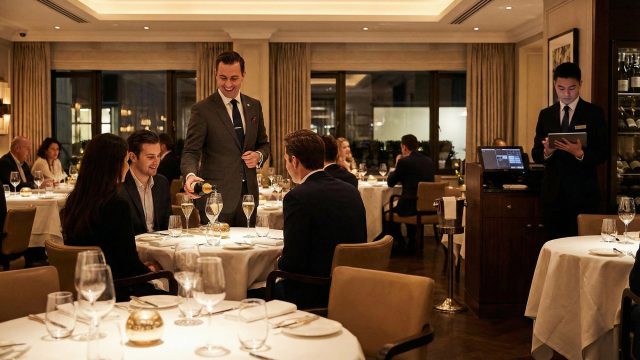 A waiter in a tailored suit pours vintage champagne for guests at a candlelit table in a luxury restaurant, while a staff member in the background discretely manages service on a digital tablet, illustrating the seamless integration of hospitality software with traditional service.