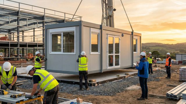 A portable cabin is being lowered by a crane onto a concrete foundation at a construction site. Several workers in high-visibility gear guide the installation while a supervisor with a tablet overlooks the process under a sunset sky.