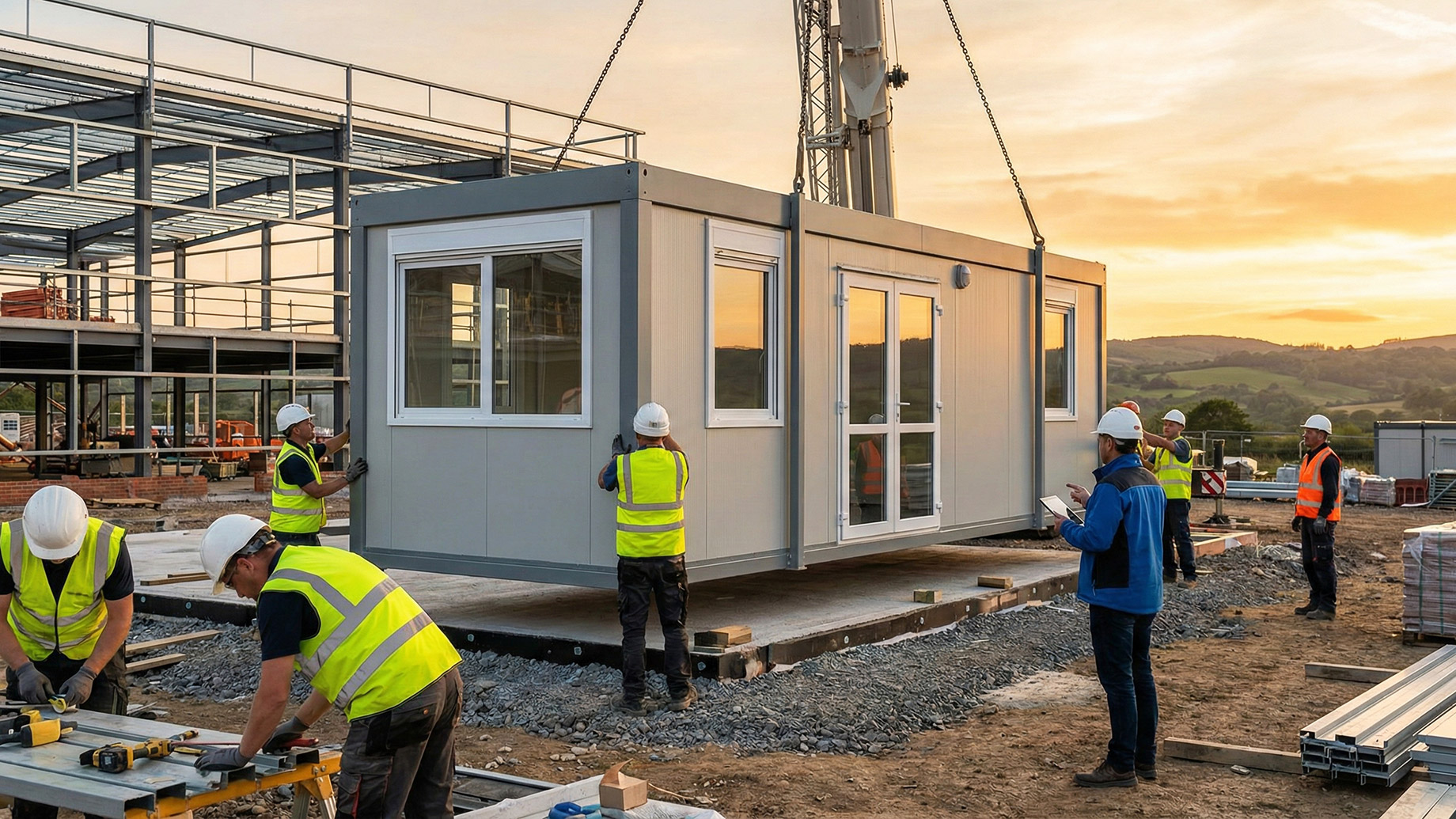 A portable cabin is being lowered by a crane onto a concrete foundation at a construction site. Several workers in high-visibility gear guide the installation while a supervisor with a tablet overlooks the process under a sunset sky.
