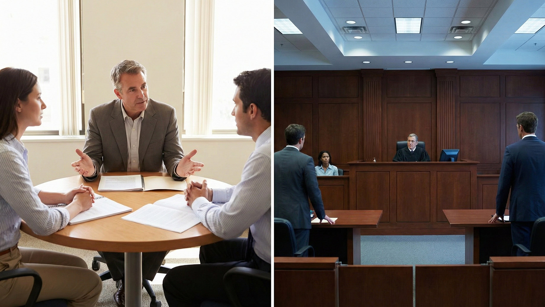 A split-screen comparison illustrating two methods of resolving trust disputes. The left side depicts a calm, collaborative mediation session in a bright, modern office with a mediator guiding the discussion. The right side shows a formal courtroom setting with attorneys standing before a judge, representing the adversarial nature of litigation.