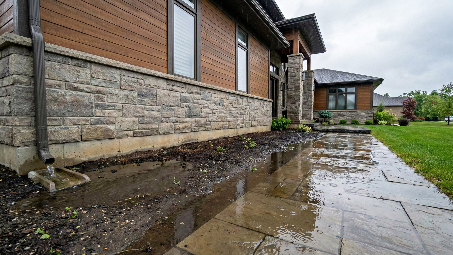 A modern house with stone and wood siding during a rainstorm, showing a large puddle of water collecting directly against the foundation wall and on the adjacent stone patio. A downspout is visible on the left, and raindrops are disturbing the surface of the standing water.