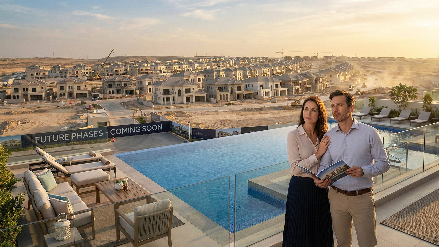 A couple with contemplative expressions stands on a luxury pool terrace holding a brochure, surveying a sprawling, dusty construction site for a new housing development at sunset. A large banner below them reads "FUTURE PHASES - COMING SOON."