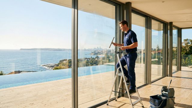 A man in a blue uniform cleans a large glass window using a squeegee, standing on a stepladder on a wooden terrace. Next to him is a blue cleaning cart. The window reveals a breathtaking panoramic view of a sea coastline, an infinity pool, and a city skyline under a clear blue sky.