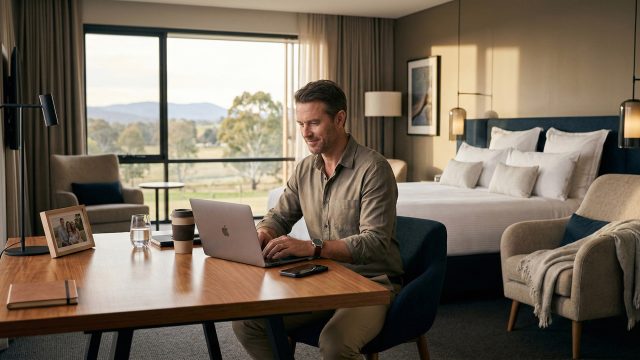 A man smiling as he works on a laptop at a wooden desk in a spacious, well-lit hotel room. The desk features personal touches, including a framed family photo and a reusable coffee cup. Behind him is a neatly made king-size bed, comfortable lounge chairs, and a large window looking out onto a peaceful rural landscape.