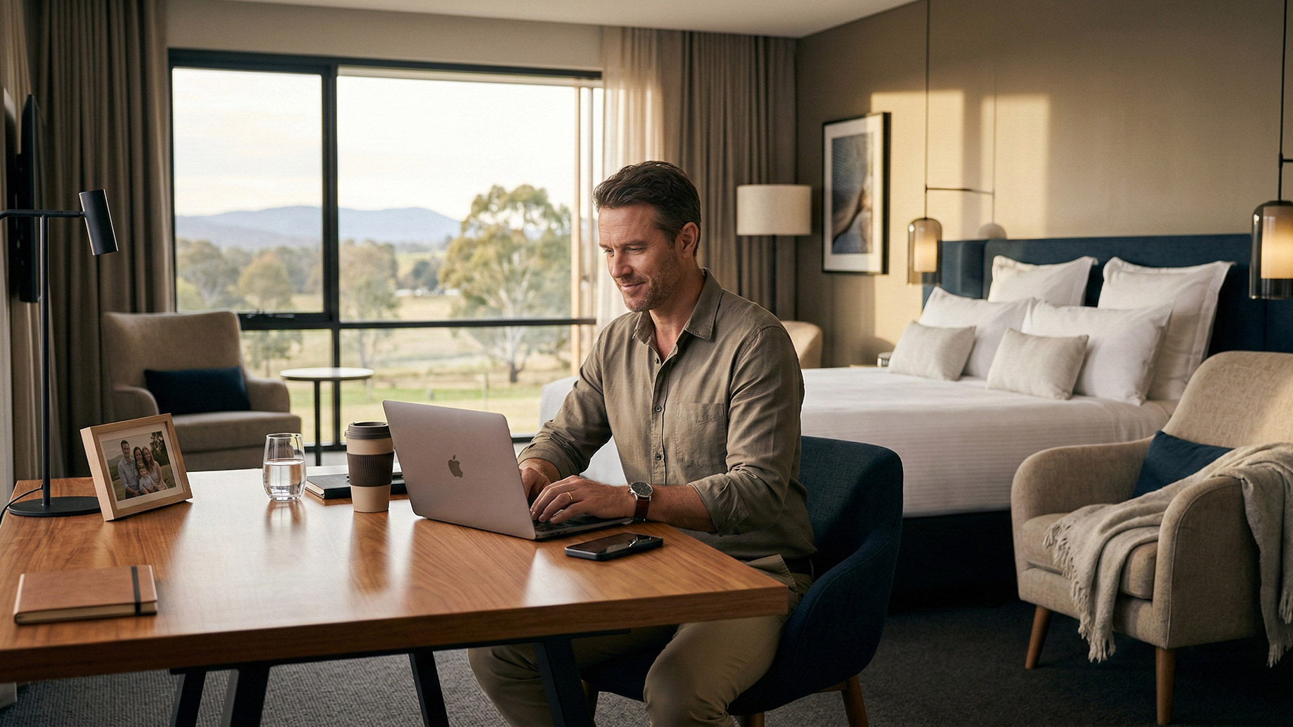 A man smiling as he works on a laptop at a wooden desk in a spacious, well-lit hotel room. The desk features personal touches, including a framed family photo and a reusable coffee cup. Behind him is a neatly made king-size bed, comfortable lounge chairs, and a large window looking out onto a peaceful rural landscape.