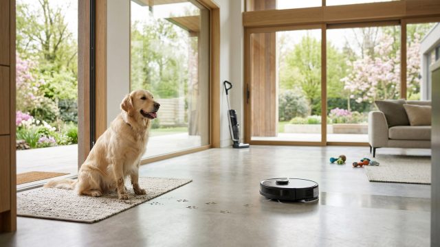 A modern luxury home's interior, featuring a Golden Retriever sitting on a door mat. Muddy paw prints lead from the mat onto a sleek concrete floor. Expansive floor-to-ceiling windows show a beautiful spring garden with blooming trees. A robot vacuum and mop unit is on the floor, and a cordless wet/dry vacuum leans against a wall nearby.