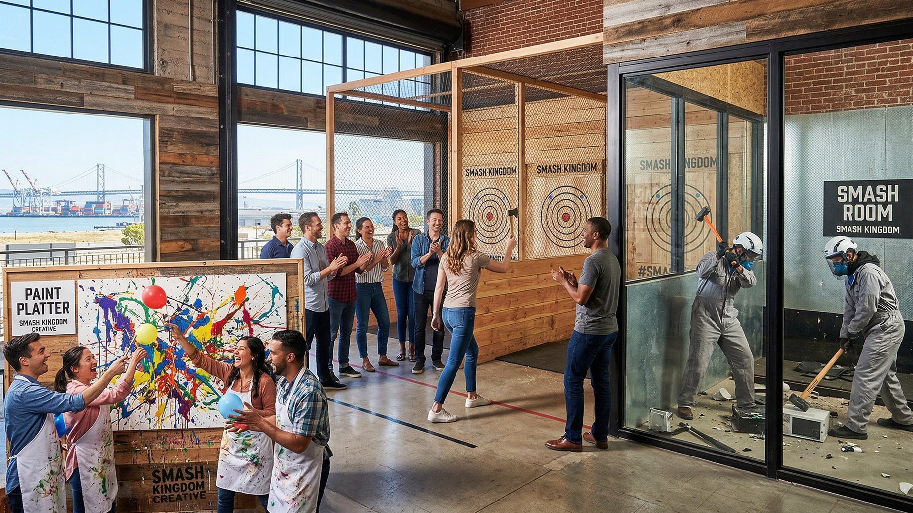 A diverse group of coworkers enjoying a team-bonding event at a large indoor venue. From left to right, people are participating in a paint splatter activity, axe throwing, and breaking objects inside a glass-enclosed smash room. A large window shows a view of a Bay Area bridge.