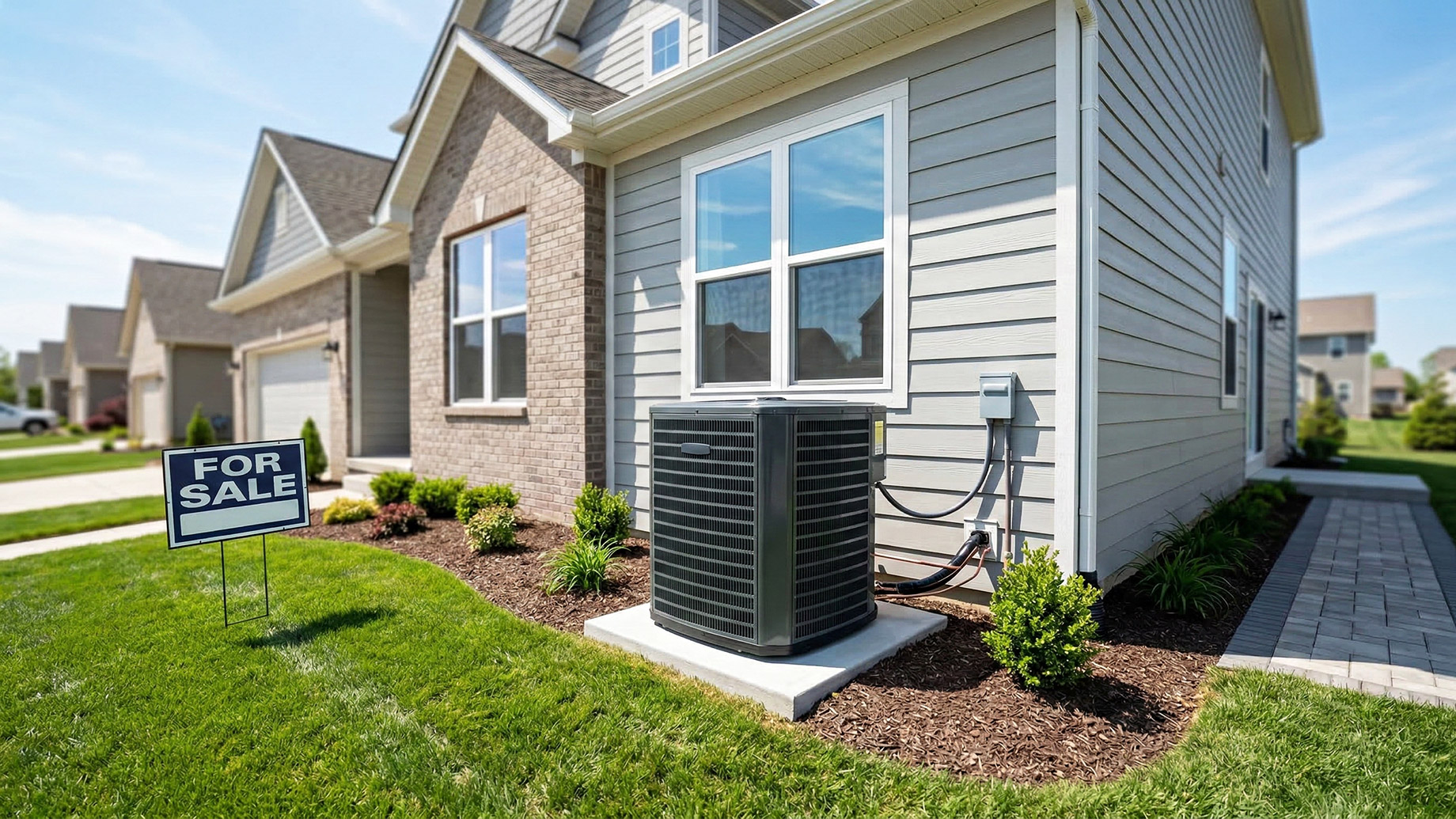 A modern air conditioning condenser unit installed on the side of a well-maintained suburban home with a "For Sale" sign in the front yard.