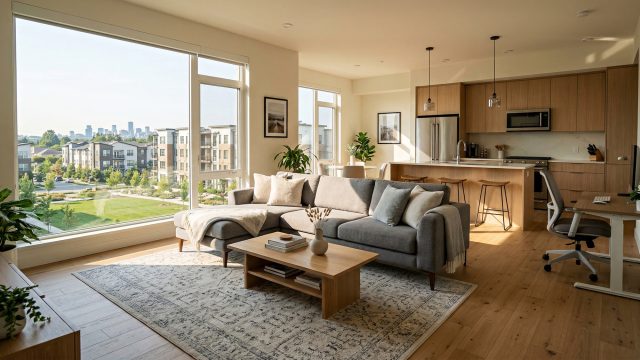 A sunny open-plan apartment featuring a grey sectional sofa, a light wood kitchen with an island, a small desk area, and large windows overlooking a green park and distant city skyline.