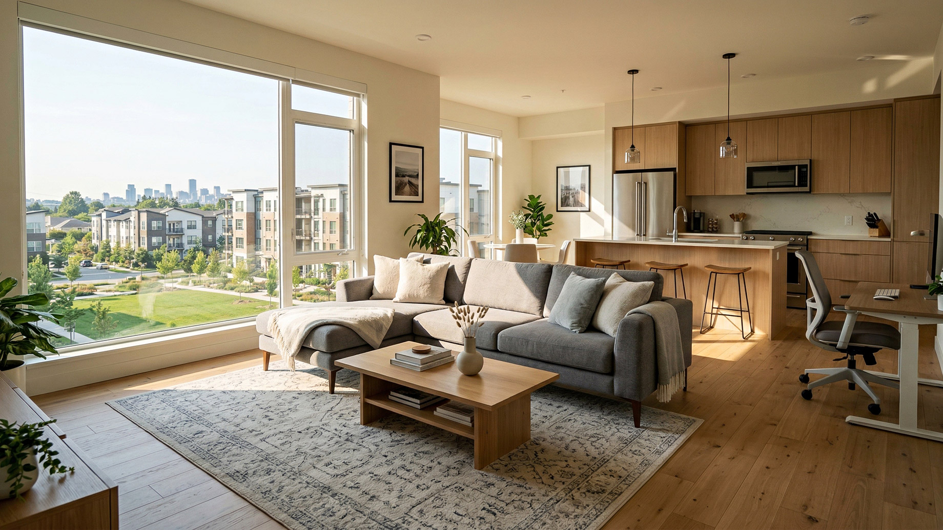 A sunny open-plan apartment featuring a grey sectional sofa, a light wood kitchen with an island, a small desk area, and large windows overlooking a green park and distant city skyline.