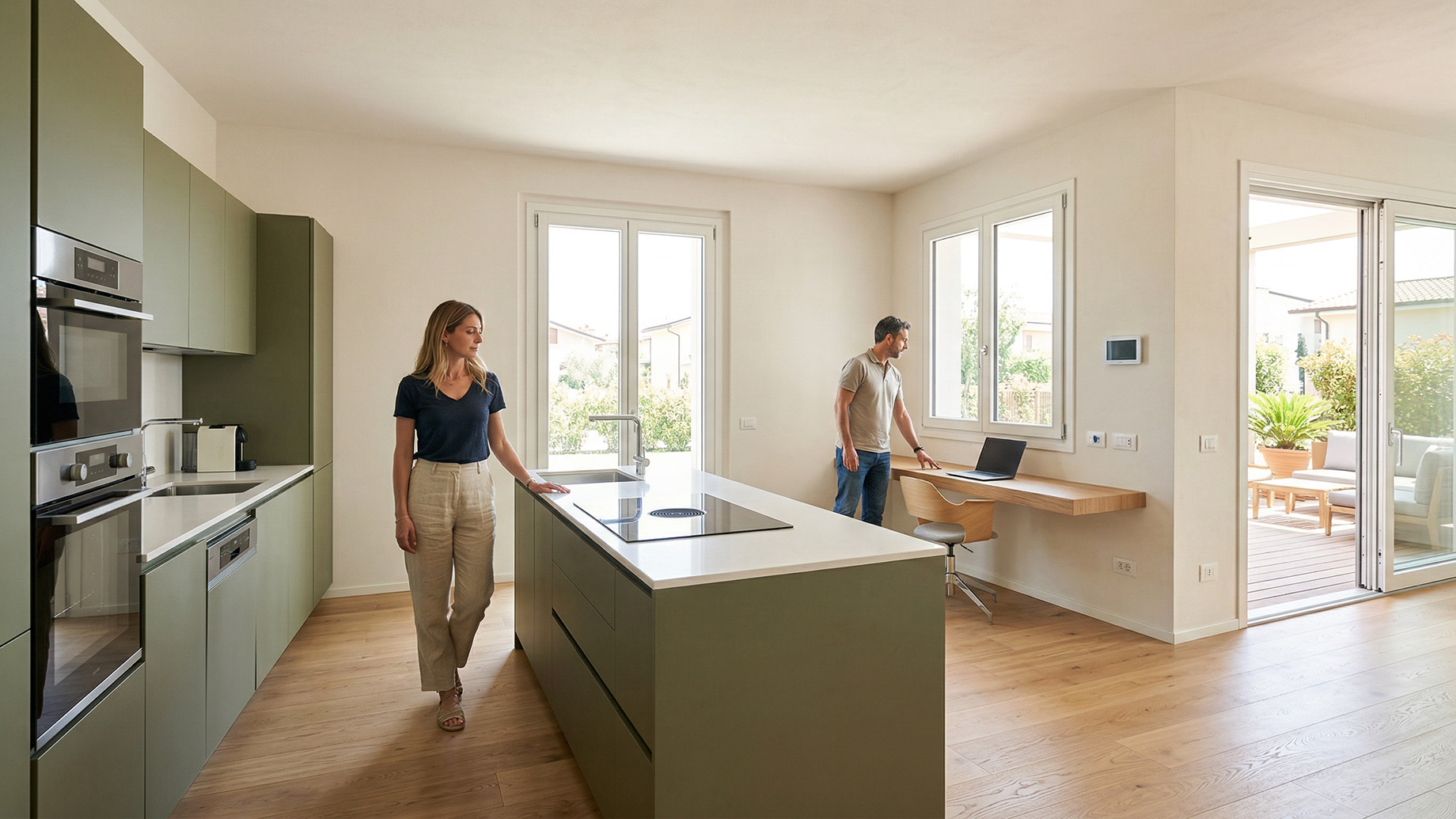 A woman and a man walk through a bright, modern open-concept home featuring an olive-green kitchen, a built-in floating wall desk, and large glass doors that open to a furnished outdoor patio.
