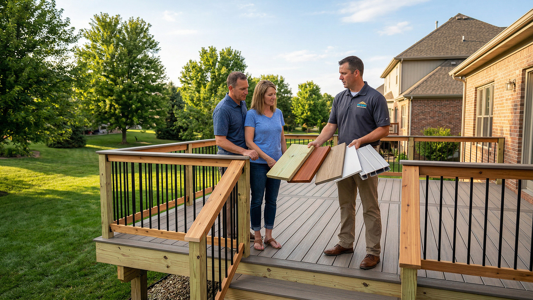 A deck contractor showing different decking material samples, including wood, composite, and aluminum, to a couple standing on a newly built deck in a suburban backyard.