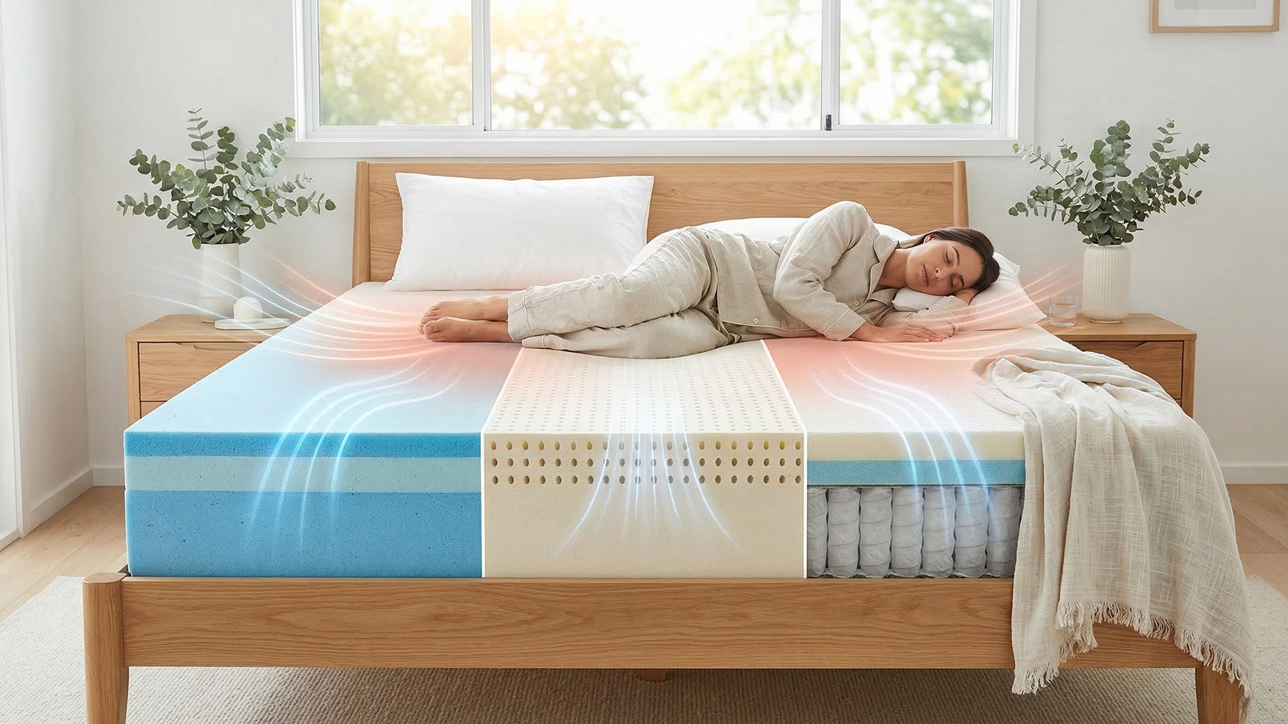 A split cross-section view of a mattress showing three different internal constructions side-by-side: blue gel foam on the left, perforated cream-colored latex in the center, and a hybrid structure with pocket springs on the right. A woman sleeps peacefully on top of the mattress in a bright, sunlit bedroom, while stylized blue and red glowing lines indicate heat escaping and cool air circulating through the mattress layers.