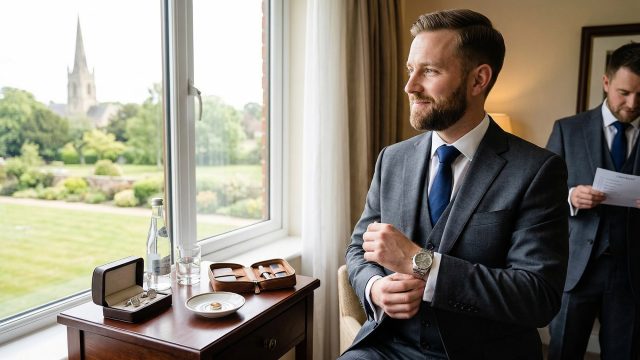A smiling groom in a tailored grey three-piece suit adjusts his watch while looking out a window. Wedding accessories like a ring and cufflinks sit on a table, while a groomsman reviews a checklist in the background.