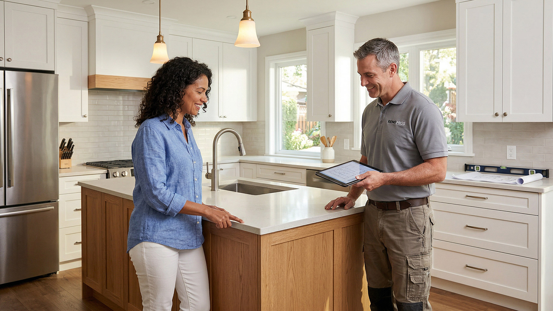 A smiling woman points to a white quartz countertop on a light wood kitchen island. Facing her, a man in a grey polo shirt holds up a tablet displaying renovation plans. They are in a modern, light-filled kitchen with white shaker cabinetry, a window showing a garden view, and a large construction level resting near documents on the counter.