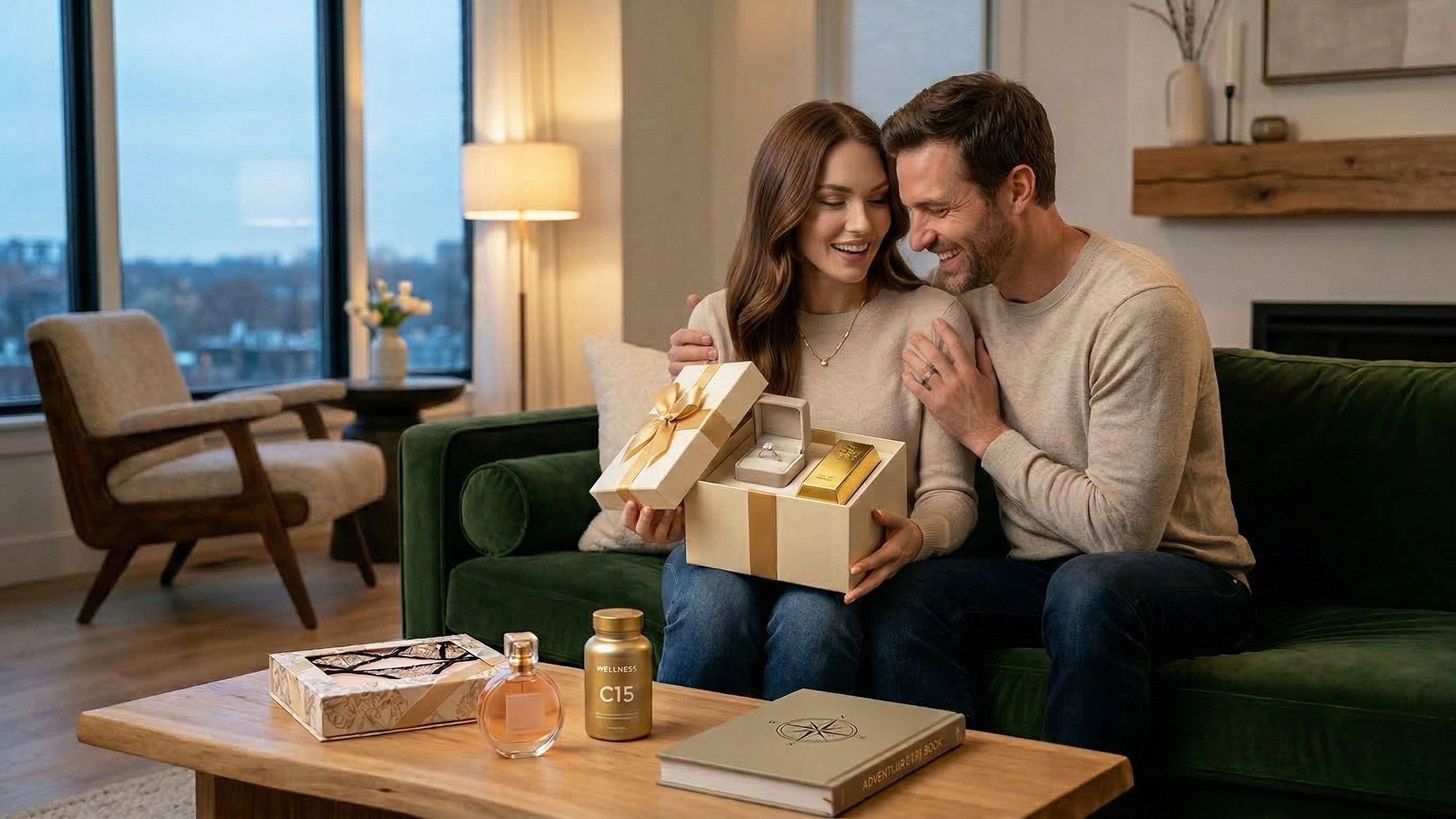 A smiling couple sits closely together on a green velvet sofa, opening a gift box that contains a ring and a gold bar. On the wooden coffee table in front of them is a curated arrangement of gifts, including a decorative box, a round perfume bottle, a gold supplement bottle, and a hardcover book.