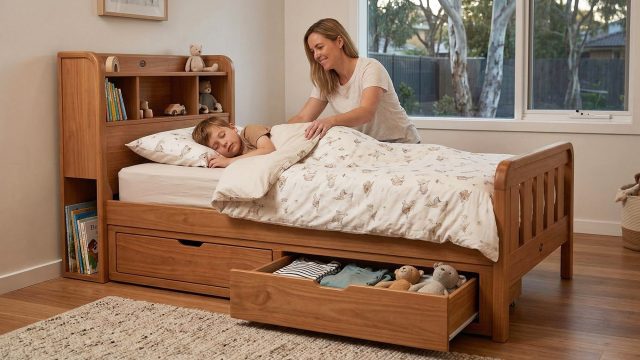 A mother smiling as she tucks her young son into a solid wood Boori kids bed. The bed features a built-in bookshelf headboard displaying small toys and books, alongside an open under-bed drawer storing neatly folded clothes and a teddy bear.