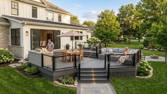 A modern, multi-level grey composite deck attached to a white home. A man grills at a built-in outdoor kitchen near a dining table, while a woman relaxes on a sectional sofa in a lower lounge area. The deck features black railings, integrated stair lighting, and steps leading to a green lawn.