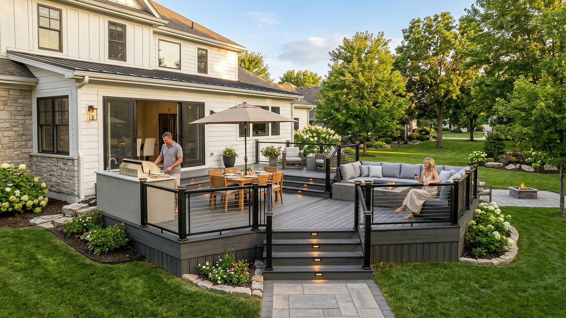 A modern, multi-level grey composite deck attached to a white home. A man grills at a built-in outdoor kitchen near a dining table, while a woman relaxes on a sectional sofa in a lower lounge area. The deck features black railings, integrated stair lighting, and steps leading to a green lawn.