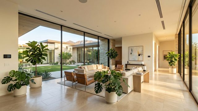 A wide interior view of a modern luxury home's open living area, featuring polished stone floors and large floor-to-ceiling glass windows overlooking a landscaped desert courtyard at sunset. Several large indoor potted plants are positioned throughout the space, and leather and fabric furniture is neatly arranged, with an abstract art piece and a smart home control panel visible.