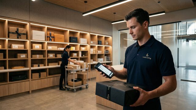 A male staff member in a branded navy polo shirt holds a smartphone showing a package management app interface while looking at a black box. In the background, a female colleague pushes a rolling cart with packages through a well-stocked, wood-paneled modern mailroom.