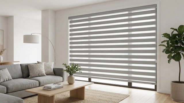 A bright, minimalist living room featuring a large window dressed in grey and white striped zebra blinds. A comfortable grey sofa sits to the left next to a sleek floor lamp, while a light wood coffee table holds a small vase and stacked books in the center. A tall potted green plant stands in the right corner, complementing the clean, modern aesthetic.