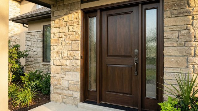 A rich, dark brown entry door featuring a decorative handle and deadbolt, flanked by two textured glass sidelights, set into a home's light stone exterior.