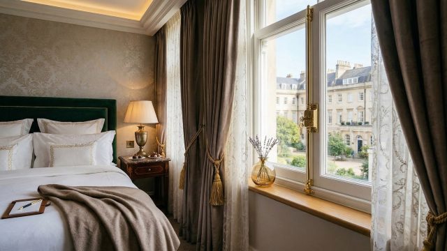 A luxurious hotel room interior featuring a classic white sash window secured with a prominent, polished brass keyed lock. The room includes a plush bed with a green velvet headboard, heavy curtains with gold tassels, and a view of historic city architecture through the glass.