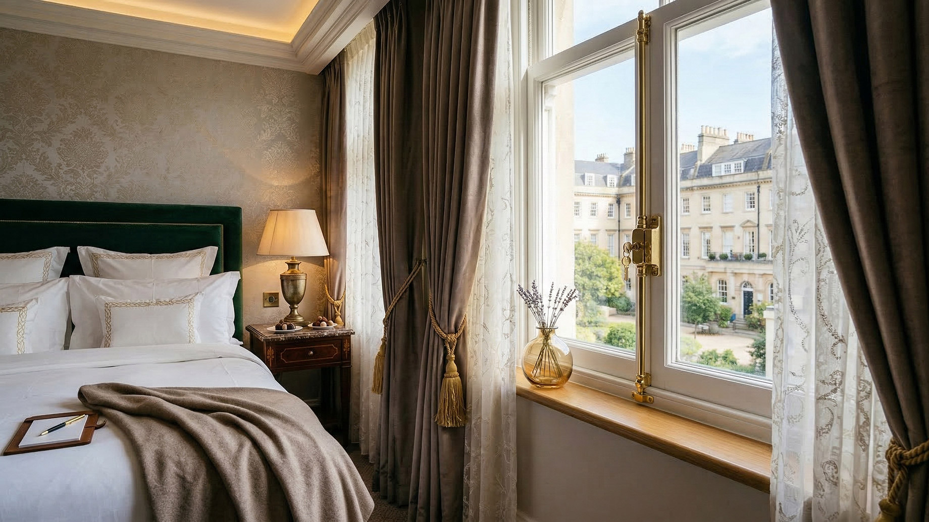 A luxurious hotel room interior featuring a classic white sash window secured with a prominent, polished brass keyed lock. The room includes a plush bed with a green velvet headboard, heavy curtains with gold tassels, and a view of historic city architecture through the glass.