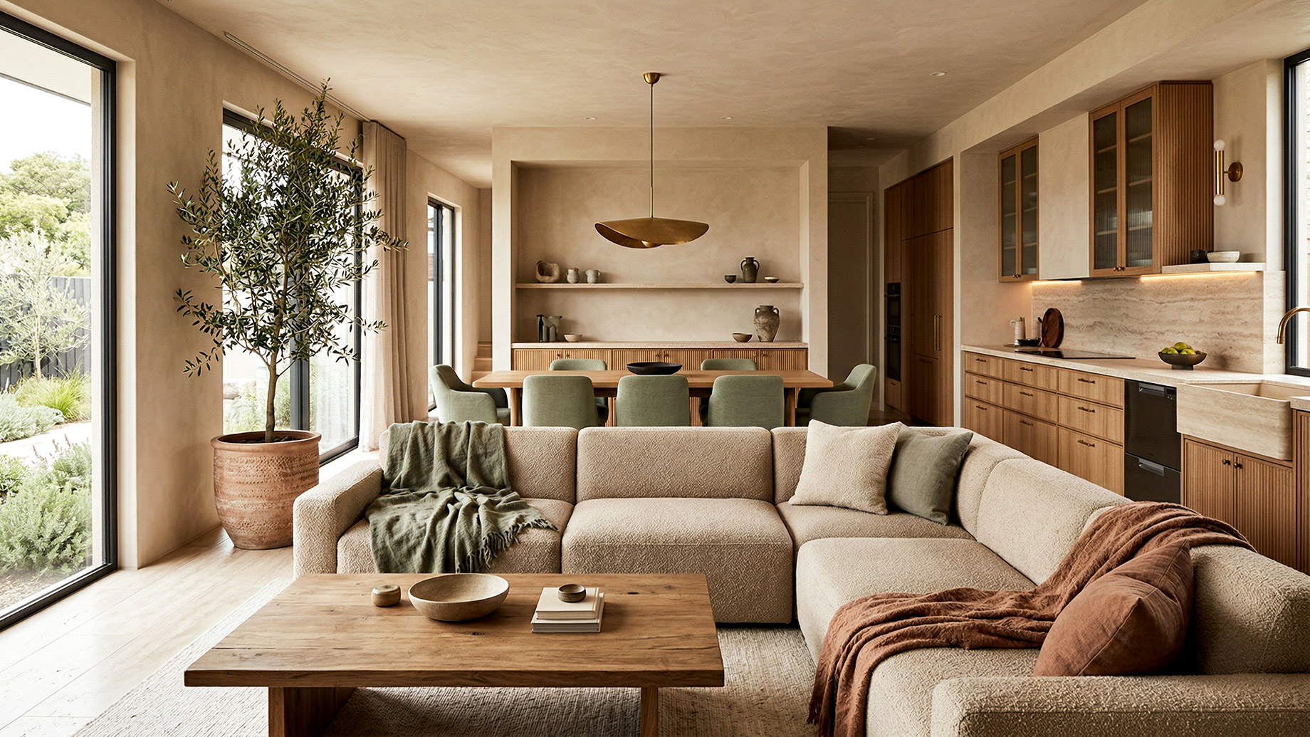 A wide-angle view of a sophisticated open-concept home interior with warm plaster walls. In the foreground, a textured L-shaped sectional sofa in bouclé fabric sits around a rustic wooden coffee table. To the left, a massive indoor tree in a large terracotta pot stands near floor-to-ceiling windows offering views of a garden. Behind the living area is a dining table with muted sage green upholstered chairs and a sculpted gold pendant light. On the right, a sleek wooden kitchen with stone countertops and open shelving lines the wall. The space is filled with soft natural light.