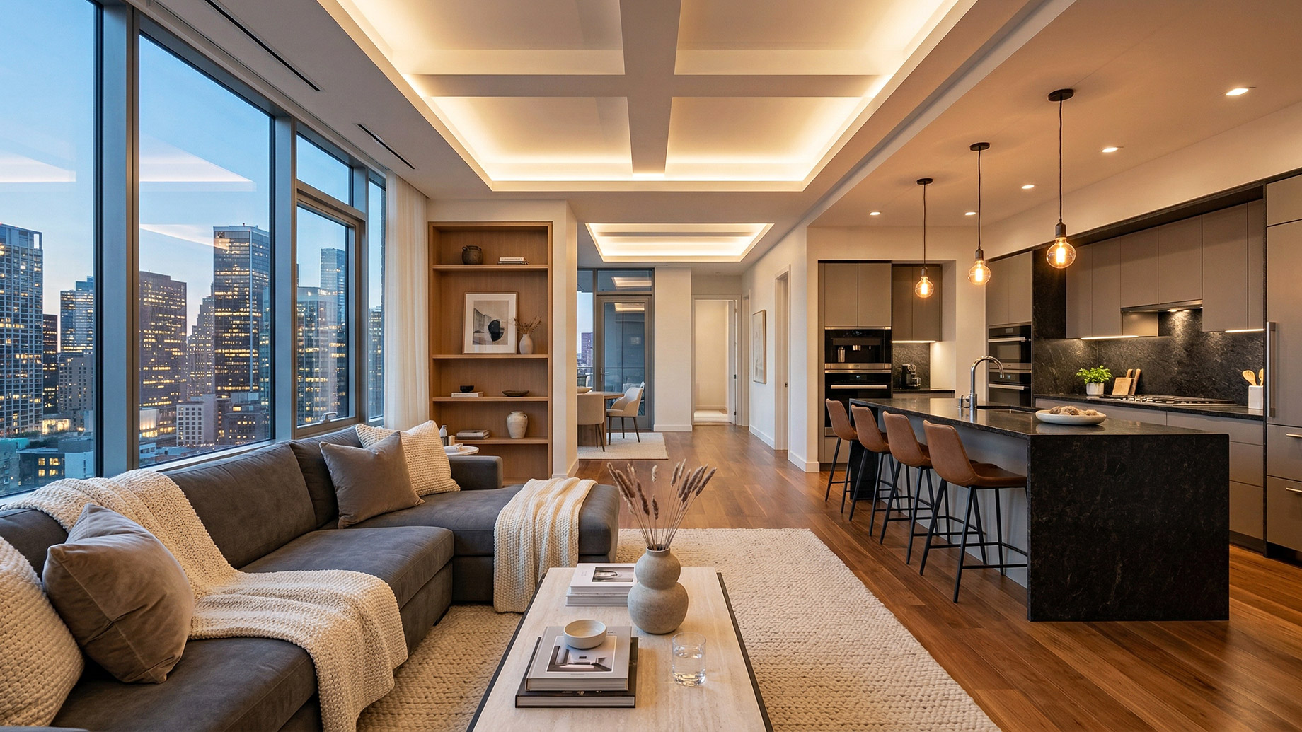 A modern open-concept apartment at dusk, featuring a cozy grey sectional sofa, a sleek kitchen with a dark stone island and leather stools, and large windows overlooking a lit-up city skyline.