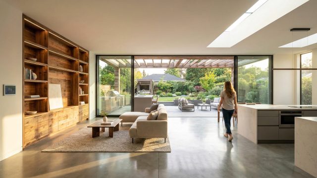 A wide-angle view of a modern open-plan home interior at golden hour. On the right is a kitchen; on the left, a large, lit wooden shelving unit. In the center, a living room area with a sofa. A woman is walking through the space. Large glass walls open to an outdoor patio with a pergola, furniture, and a well-kept garden. The floors are polished concrete.