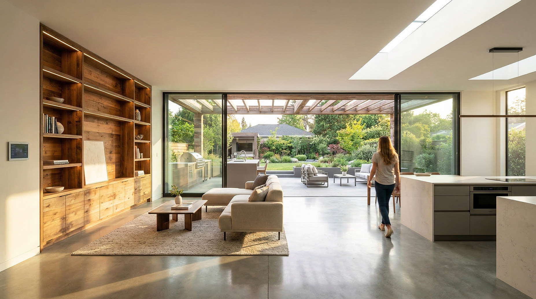 A wide-angle view of a modern open-plan home interior at golden hour. On the right is a kitchen; on the left, a large, lit wooden shelving unit. In the center, a living room area with a sofa. A woman is walking through the space. Large glass walls open to an outdoor patio with a pergola, furniture, and a well-kept garden. The floors are polished concrete.