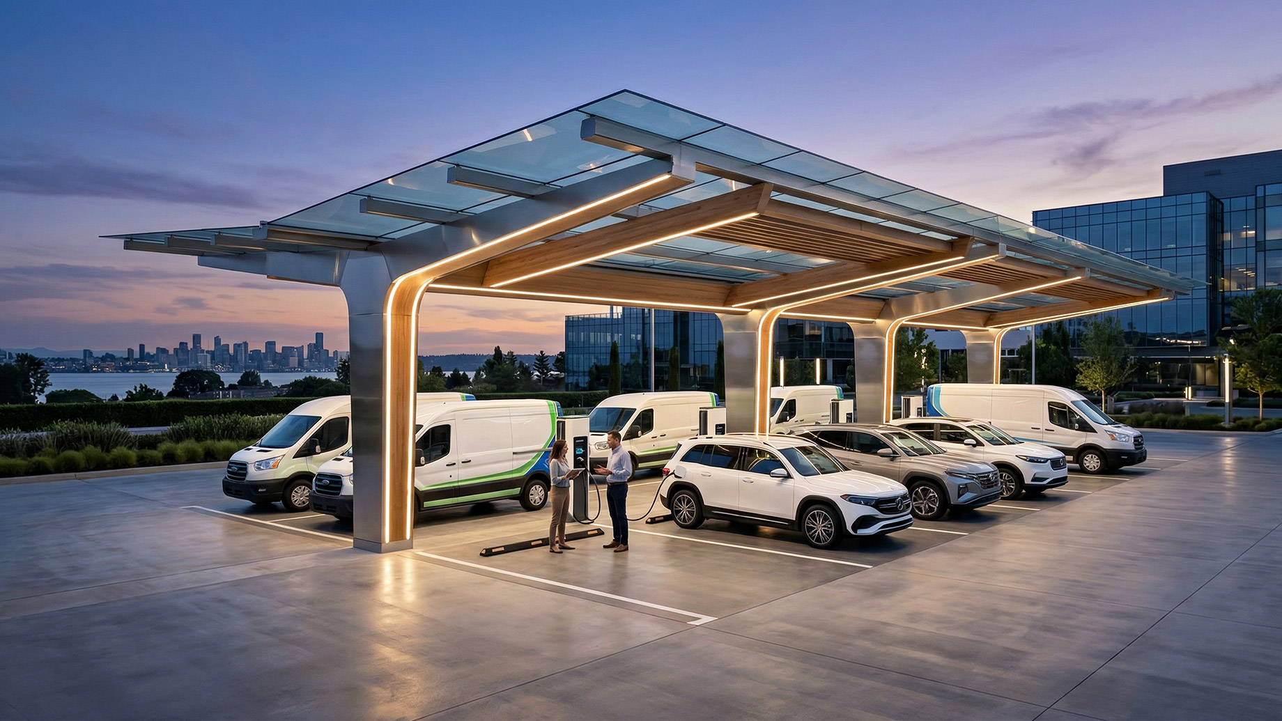A modern, illuminated EV charging canopy at a corporate campus at twilight. Several electric delivery vans and white SUVs are plugged into charging stations. Two business professionals stand in the foreground discussing data on a tablet, with a sleek office building and distant city skyline in the background.
