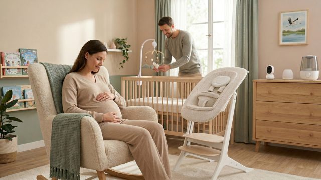 A candid scene in a peaceful, modern nursery where an expectant couple is preparing for their baby. A pregnant woman in a cozy rocking chair smiles with hands on her belly, while her partner stands in the background adjusting a mobile above a wooden crib. The room features warm neutral tones, floating shelves with books, plants, and baby essential electronics like a monitor and humidifier.
