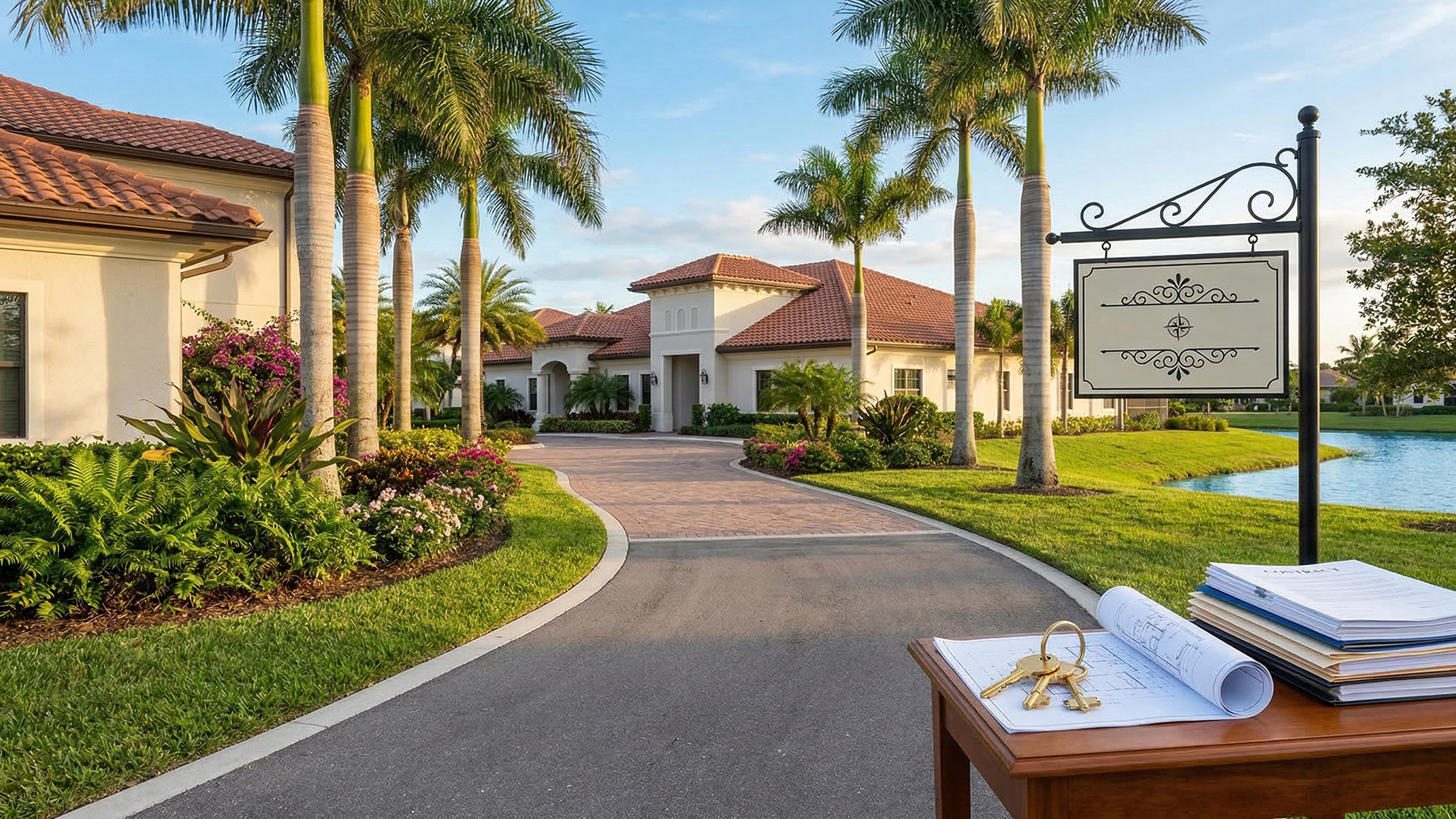 A wooden table displaying a stack of real estate documents, rolled blueprints, and brass house keys in the foreground. The background features a sunny Florida neighborhood with palm trees, Mediterranean-style homes, manicured lawns, and a blank decorative hanging signpost.