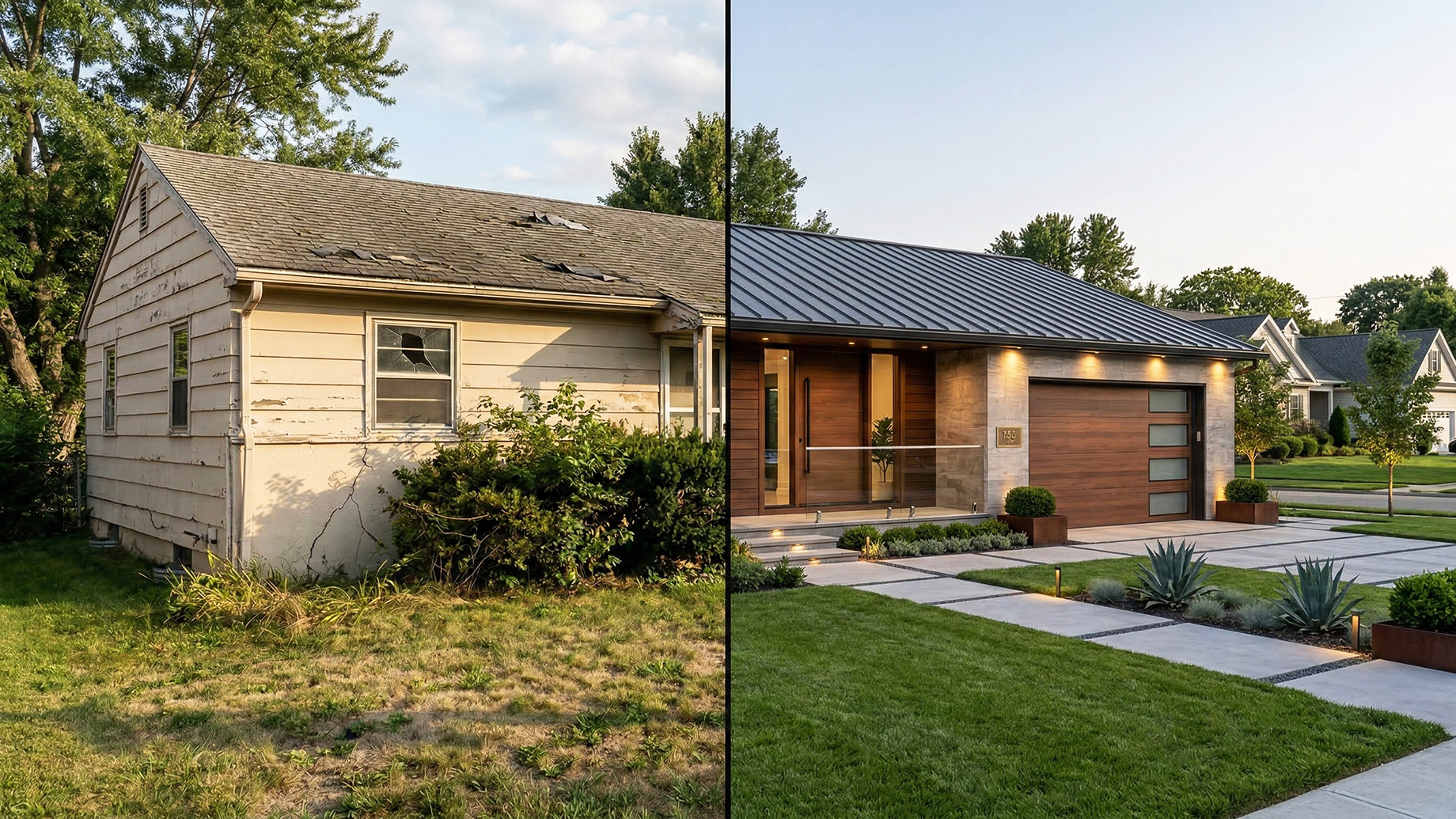 A side-by-side comparison image showing a dramatic home renovation: on the left, a single-story house in a state of disrepair with a damaged roof and overgrown yard; on the right, the same house is transformed into a modern luxury home with sleek materials, architectural landscaping, and new finishes.