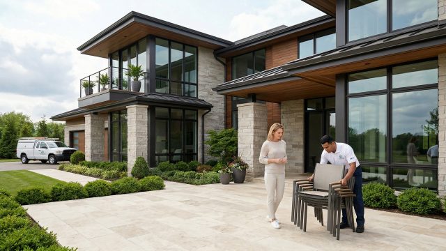 A worker carries a stack of metal patio chairs across a stone patio while a homeowner watches, clearing the yard of a modern luxury home ahead of severe weather.