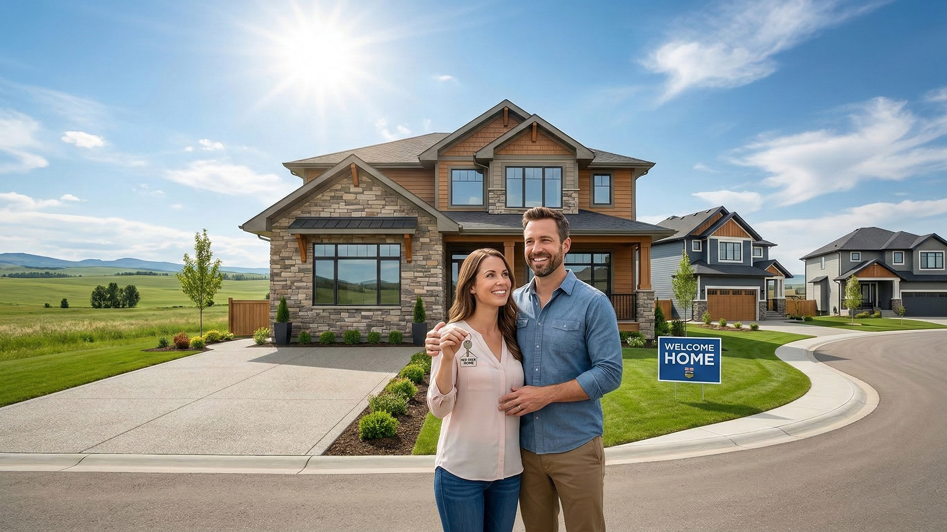 A smiling couple holds keys while standing on the driveway of their large, modern new house, with a new development and rolling green hills in the background.