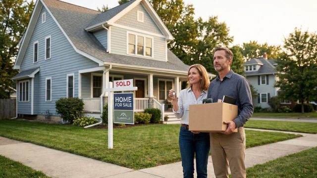 A smiling couple in casual clothes stands on a sidewalk in front of a blue two-story suburban house. The man on the right holds a cardboard box, and the woman on the left holds a set of keys. A real estate sign stands in the front yard behind them.