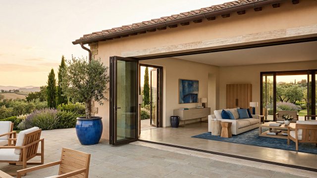 A wide view of a luxury home with large glass folding doors fully open, connecting a stone patio to an elegant living room. The home's warm beige stucco exterior blends seamlessly with the neutral interior walls. A vibrant blue ceramic planter on the patio perfectly matches the blue throw pillows, area rug, and artwork inside, demonstrating a cohesive indoor-outdoor color flow. Lush green landscaping and rolling hills are visible in the background at sunset.