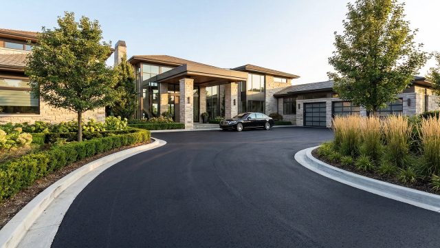 A modern luxury home with a smooth, freshly paved black asphalt driveway curving toward the entrance, alongside manicured landscaping and a parked dark sedan.