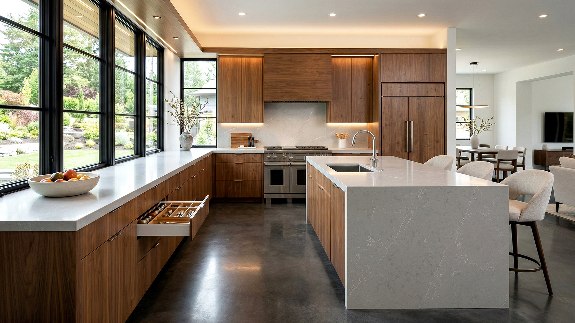 A spacious, custom-renovated kitchen featuring warm wood flat-panel cabinets, a large white quartz waterfall island with seating, a stainless steel gas range, polished dark floors, and large black-framed windows overlooking a lush garden. An open lower drawer reveals a neatly organized wooden utensil divider.